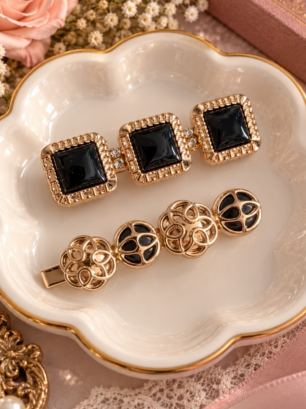Gold Tone Hair Clips Vintage Inspired Black Accent Stones - Set of 2 New
